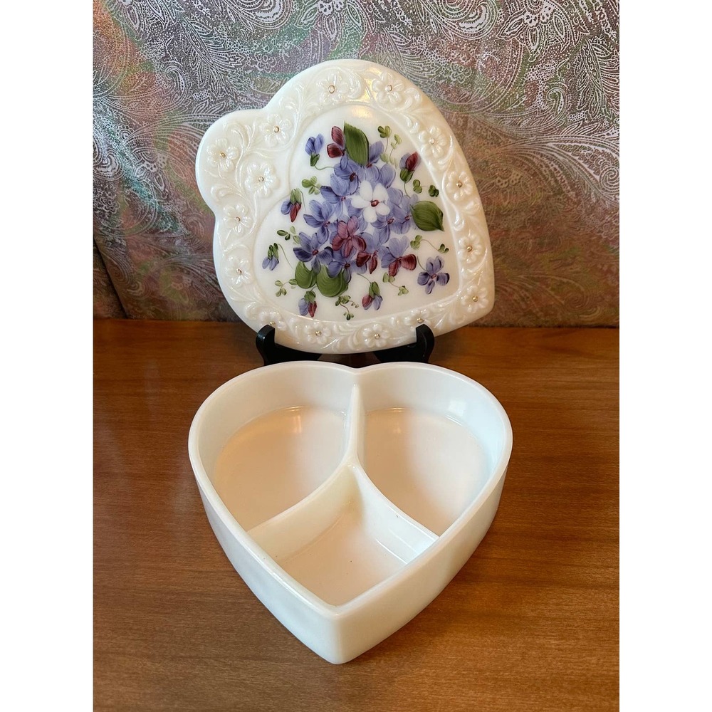 Vintage milkglass divided lidded heart shaped trinket dish hand-painted flowers